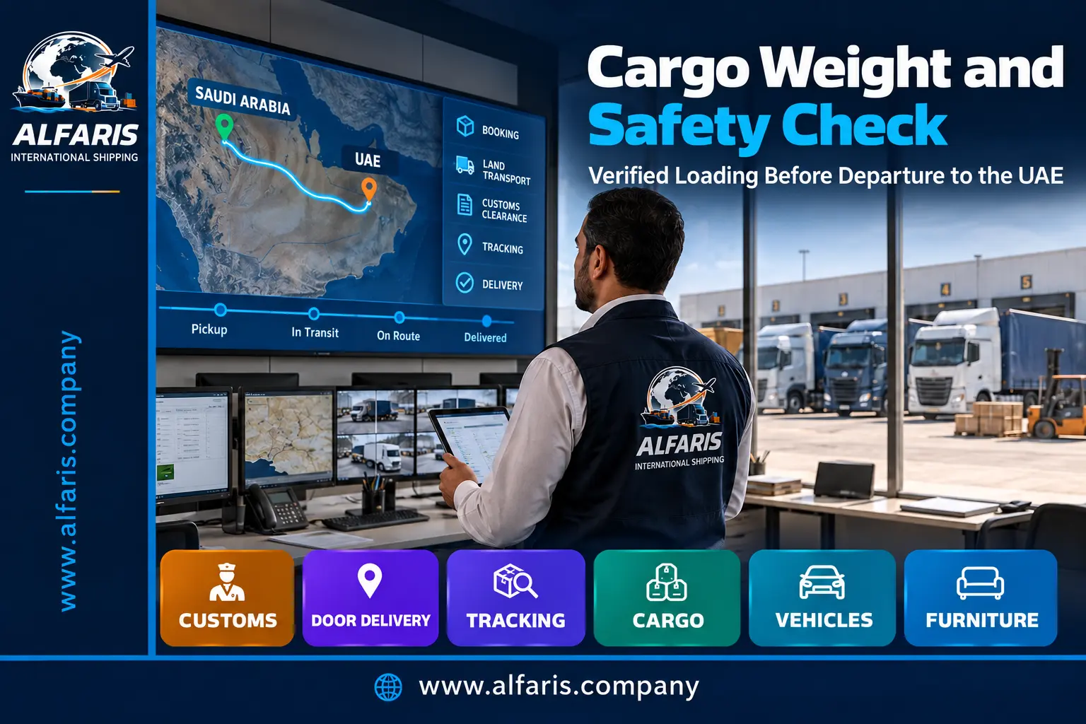 Checking the weight and fixing of the truck load before shipping from Saudi Arabia to the UAE Checking the weight and fixing of the truck load before shipping from Saudi Arabia to the UAE