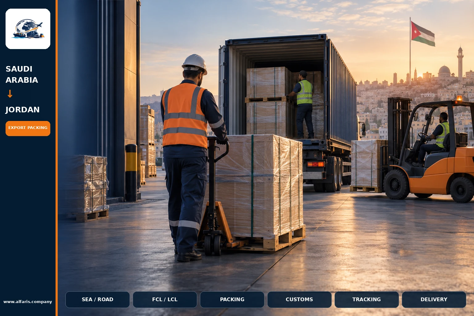 The shipping route from Saudi Arabia to Jordan is via the approved route at the time of implementation or the port of Amman