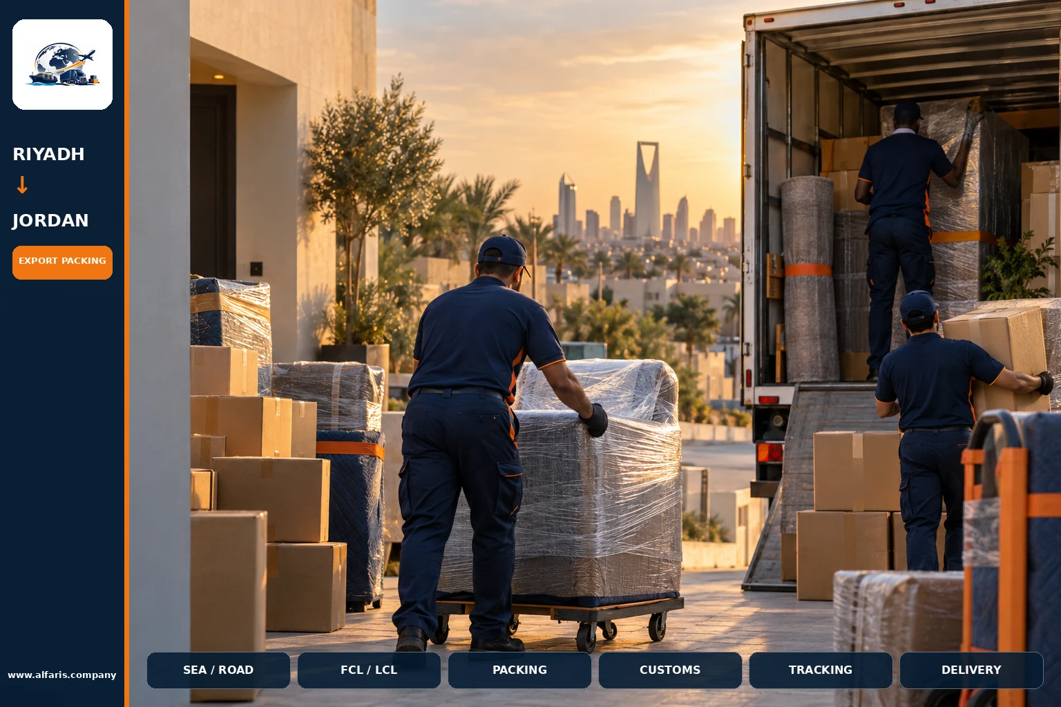 The shipping route from Riyadh to Jordan is via the approved route at the time of implementation or the port of Amman