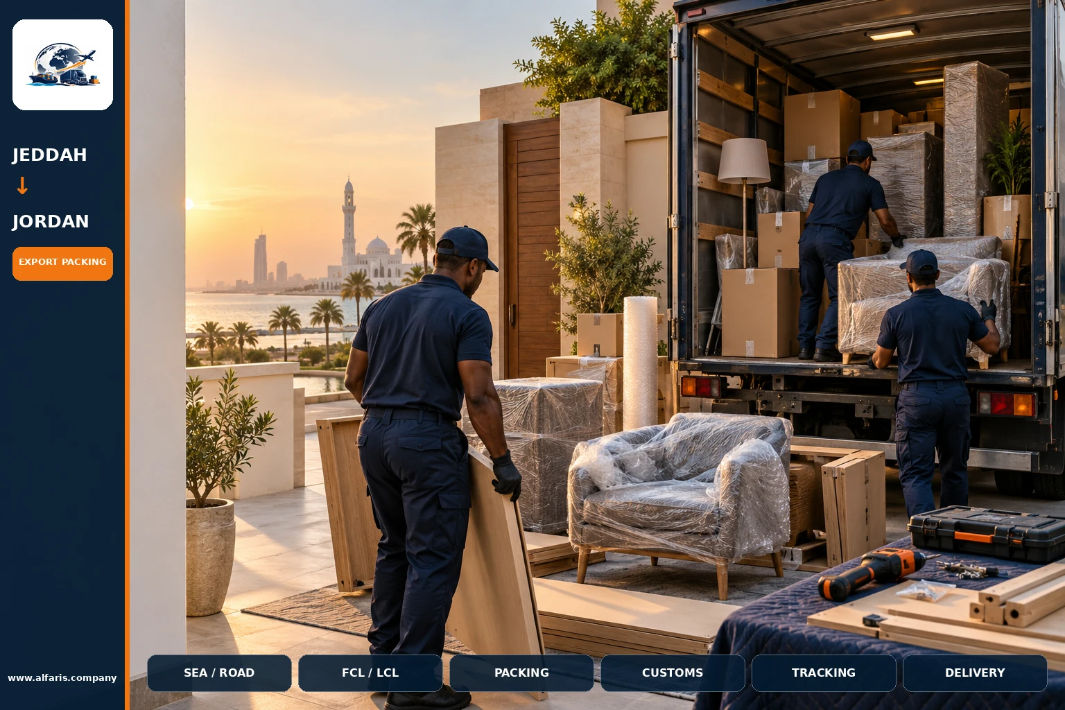 The shipping route from Jeddah to Jordan is via the approved route at the time of implementation or the port of Amman
