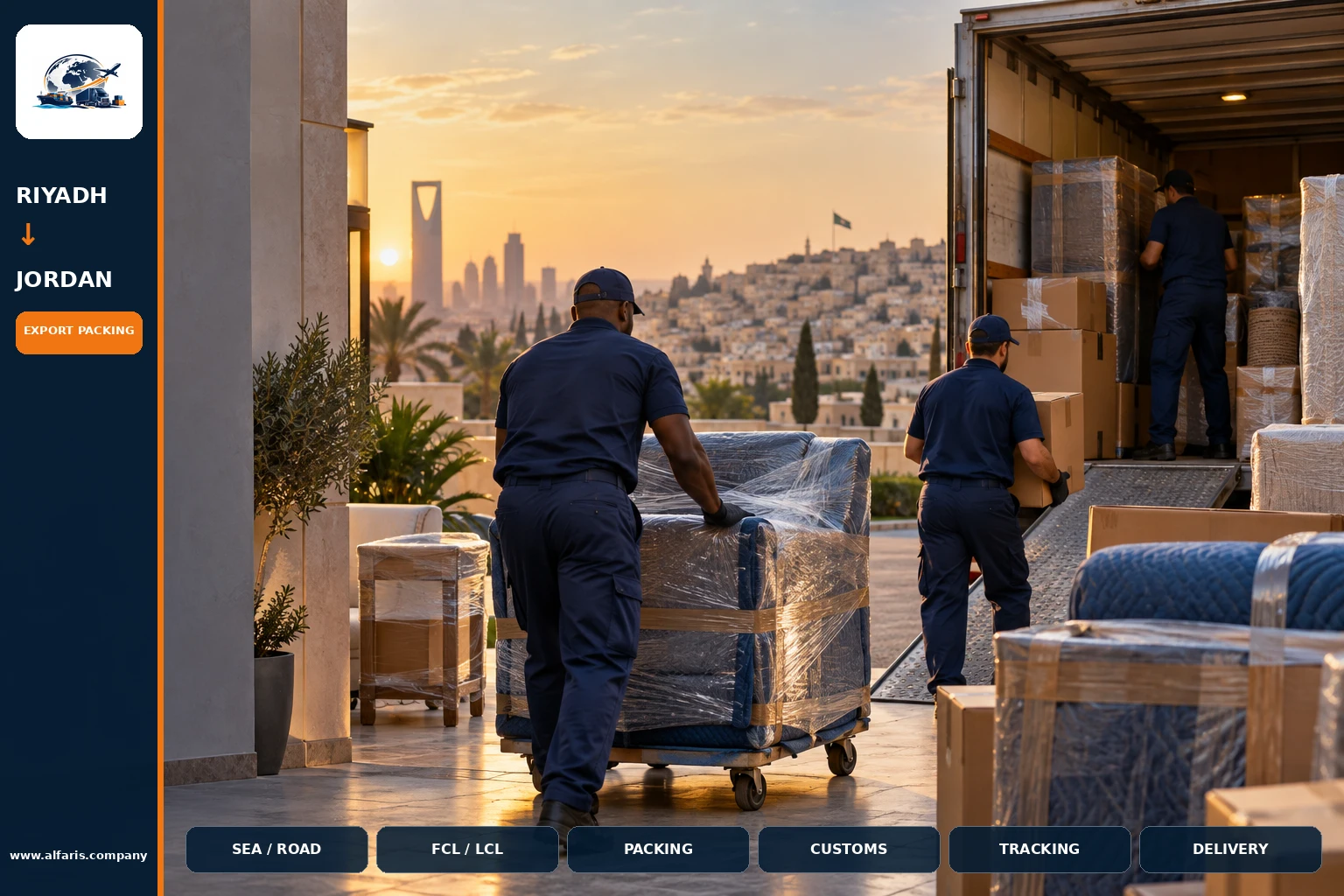 The shipping route from Riyadh to Jordan is via the approved route at the time of implementation or the port of Amman