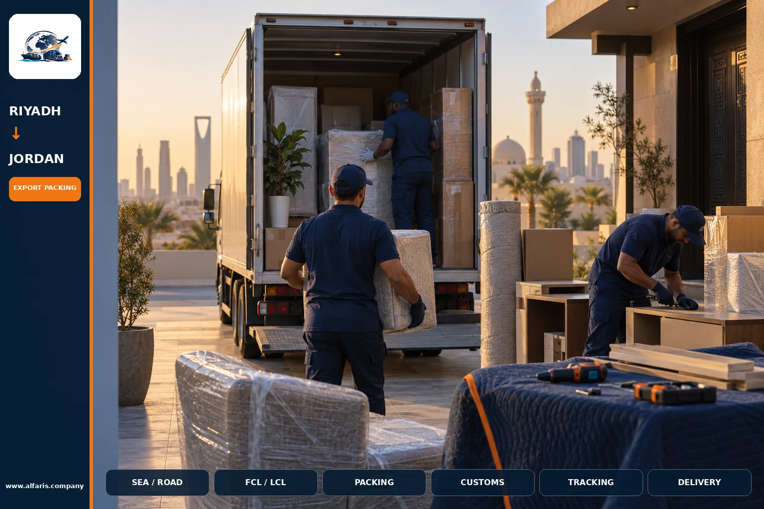 The shipping route from Riyadh to Jordan is via the approved route at the time of implementation or the port of Amman