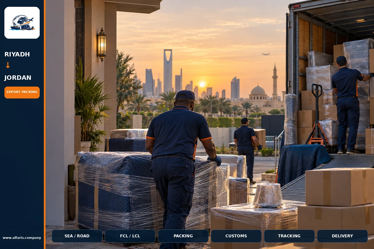 The shipping route from Riyadh to Jordan is via the approved route at the time of implementation or the port of Amman