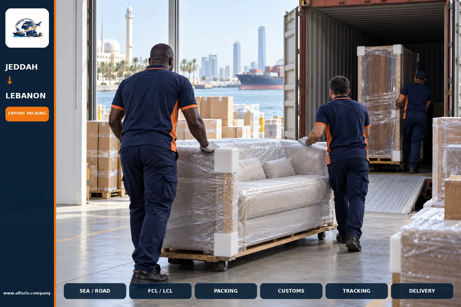 The shipping route from Jeddah to Lebanon is via the approved route at the time of implementation or the port of Beirut