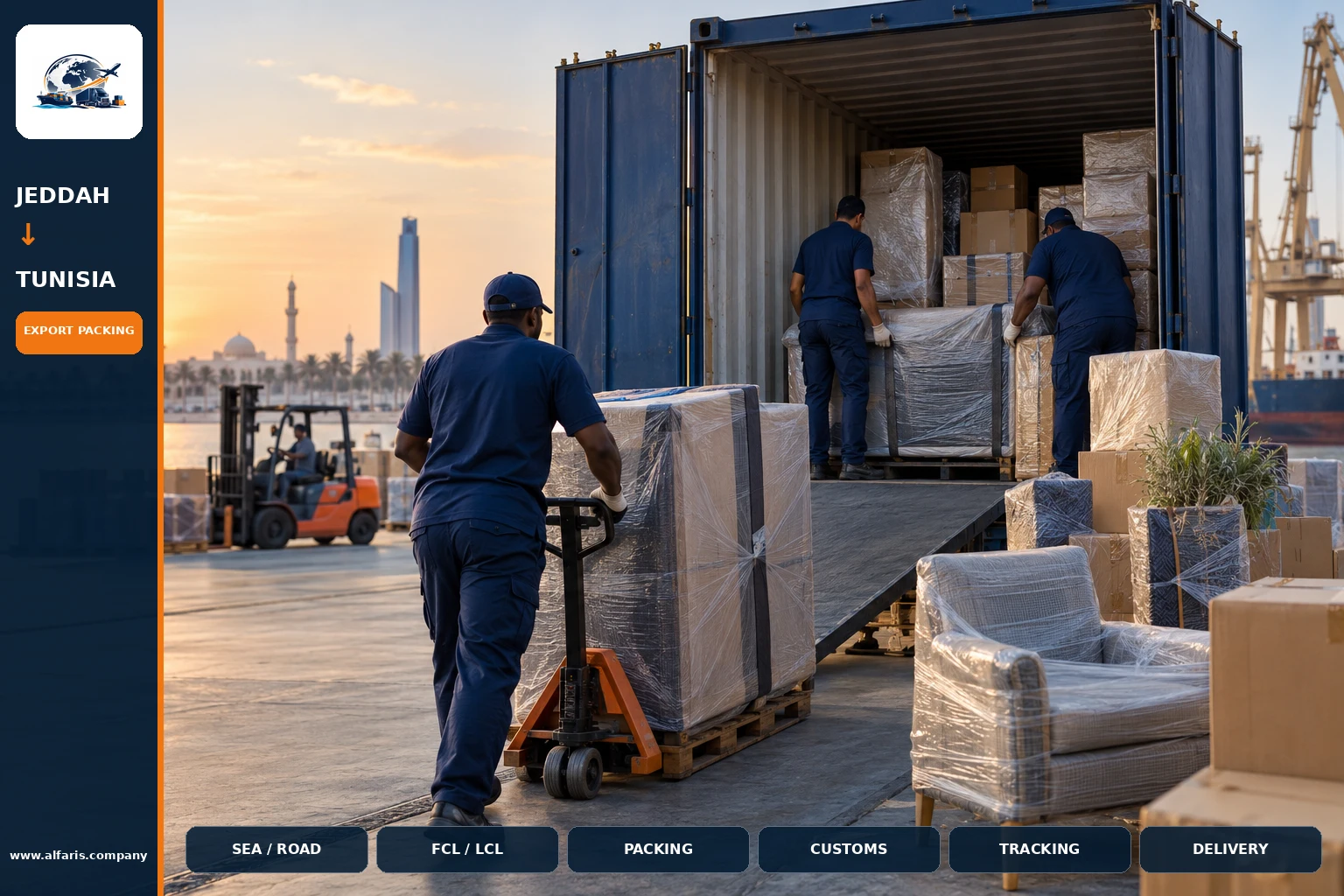 The shipping route from Jeddah to Tunisia is via the approved route at the time of implementation or the port of Tunis