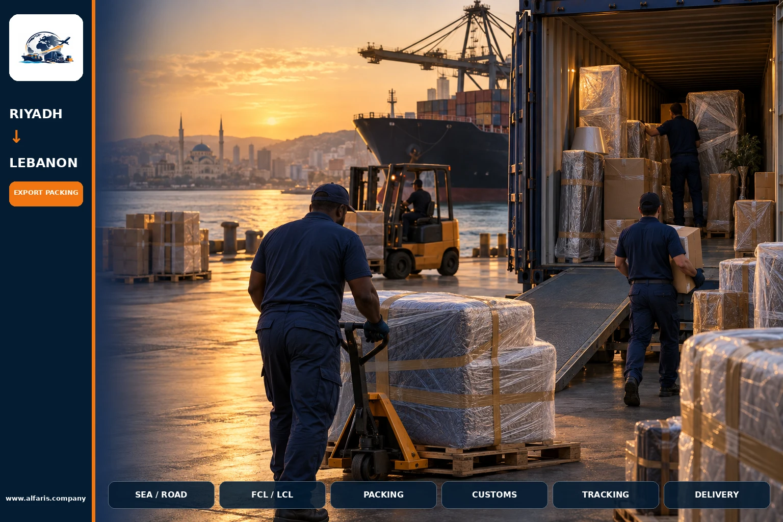 The shipping route from Riyadh to Lebanon is via the approved route at the time of implementation or the port of Beirut