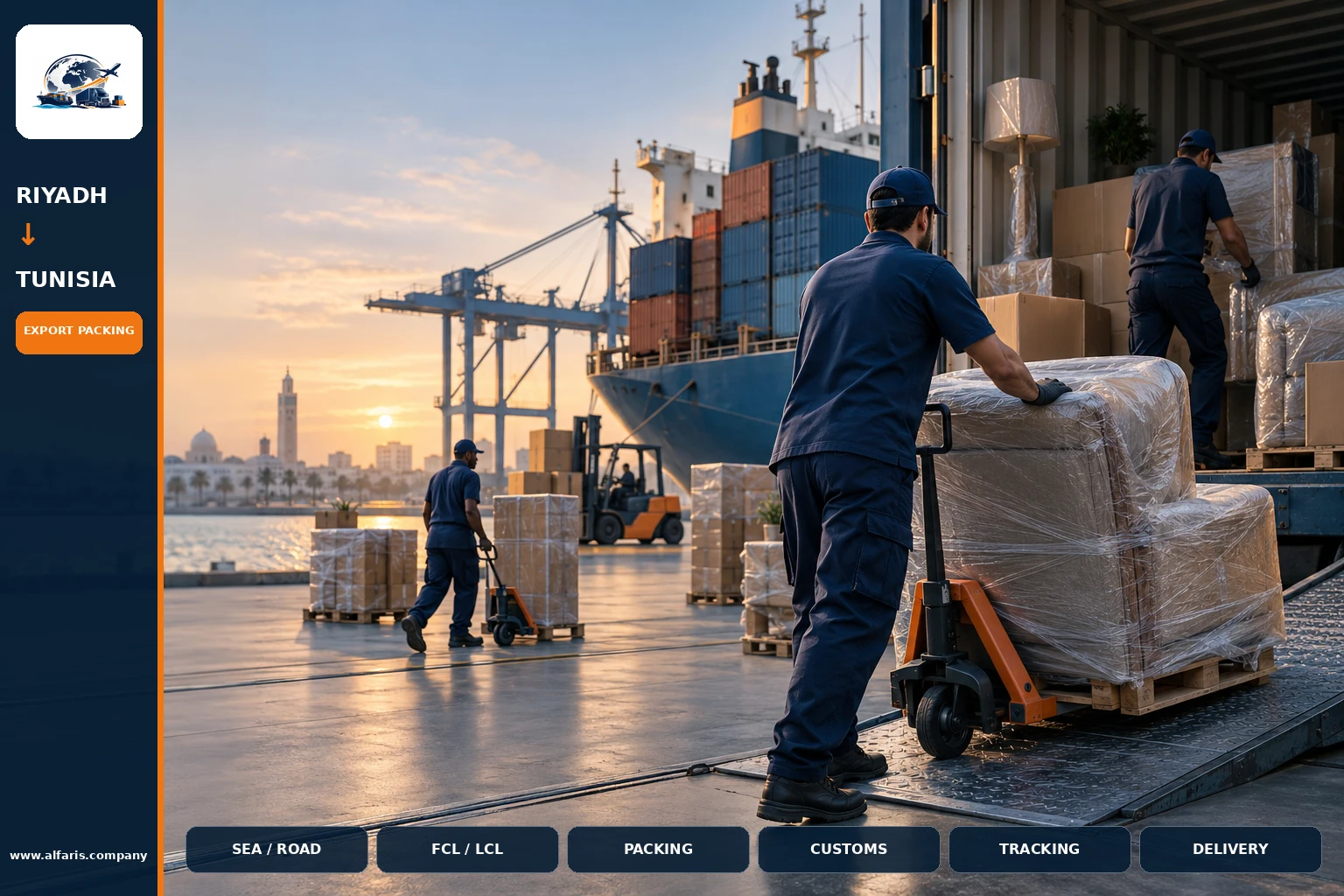 The shipping route from Riyadh to Tunisia is via the approved route at the time of implementation or the port of Tunis