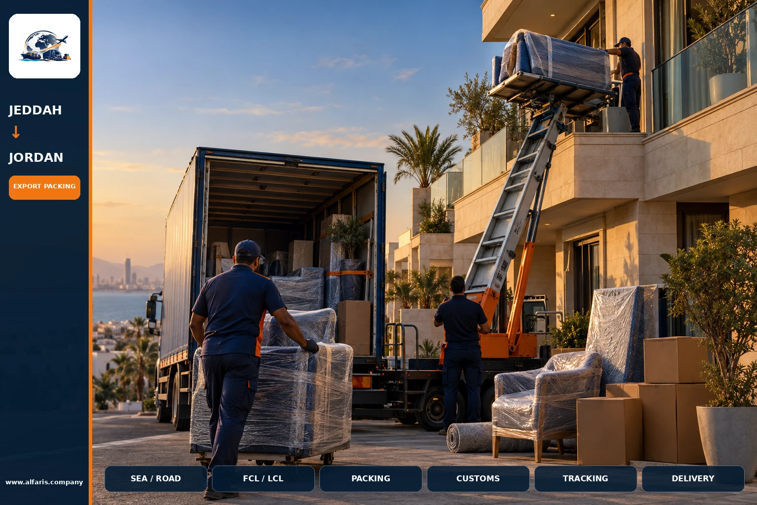 The shipping route from Jeddah to Jordan is via the approved route at the time of implementation or the port of Amman