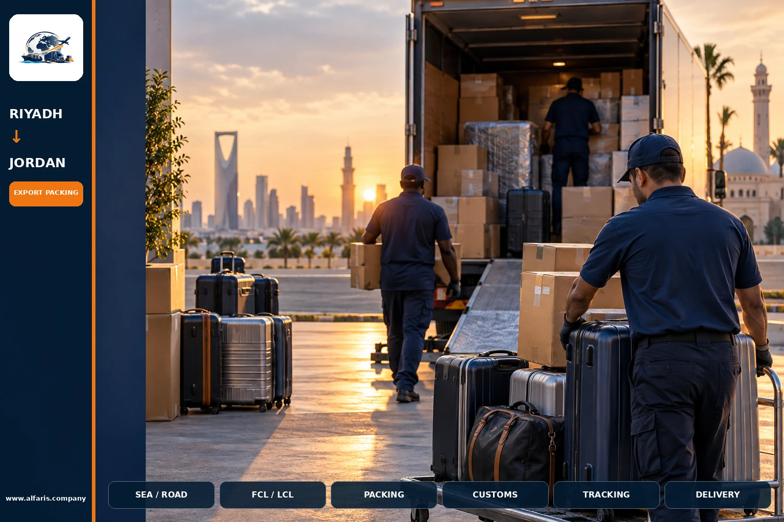 The shipping route from Riyadh to Jordan is via the approved route at the time of implementation or the port of Amman