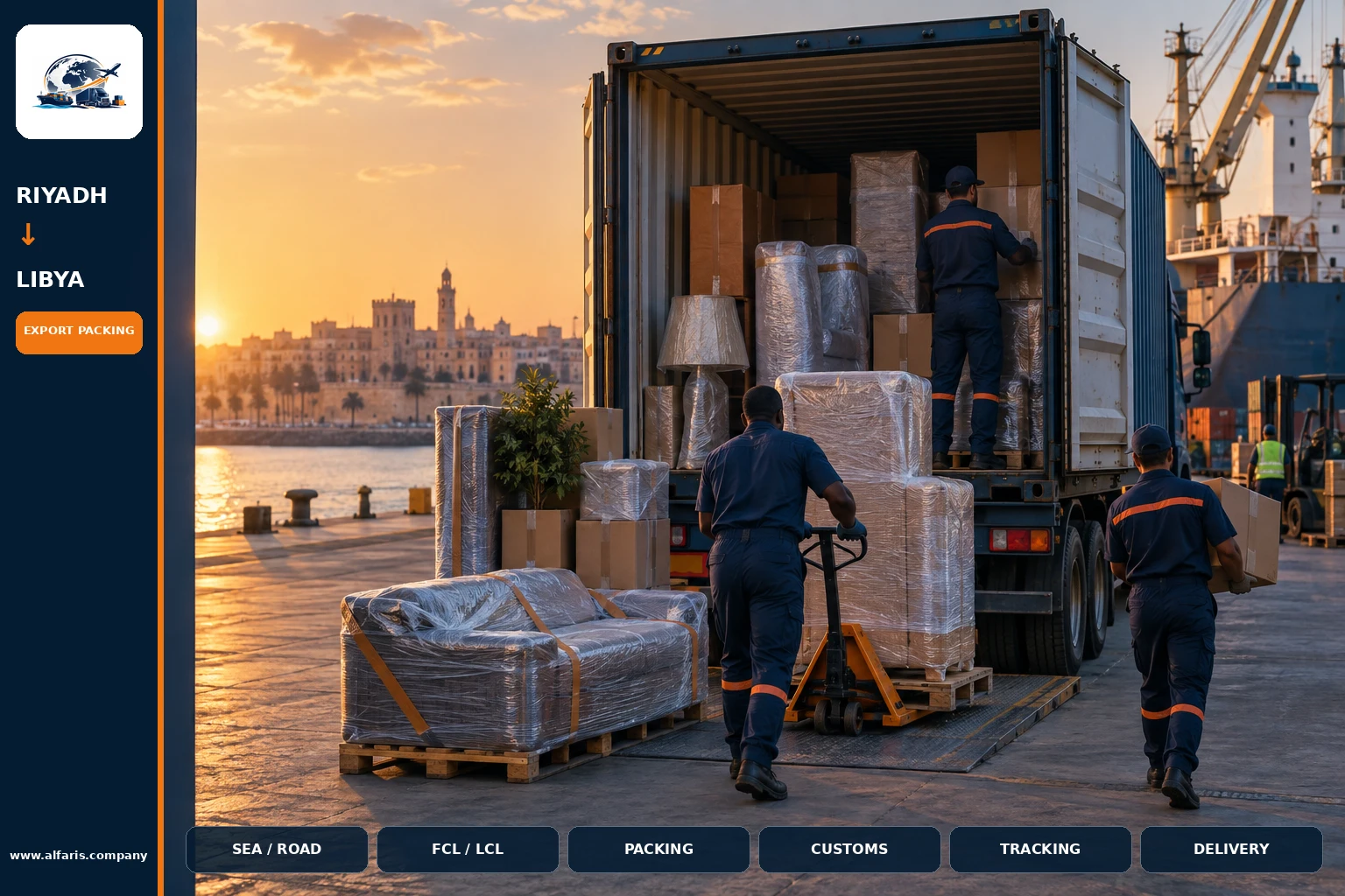 The shipping route from Riyadh to Libya is via the approved route at the time of implementation or the port of Tripoli