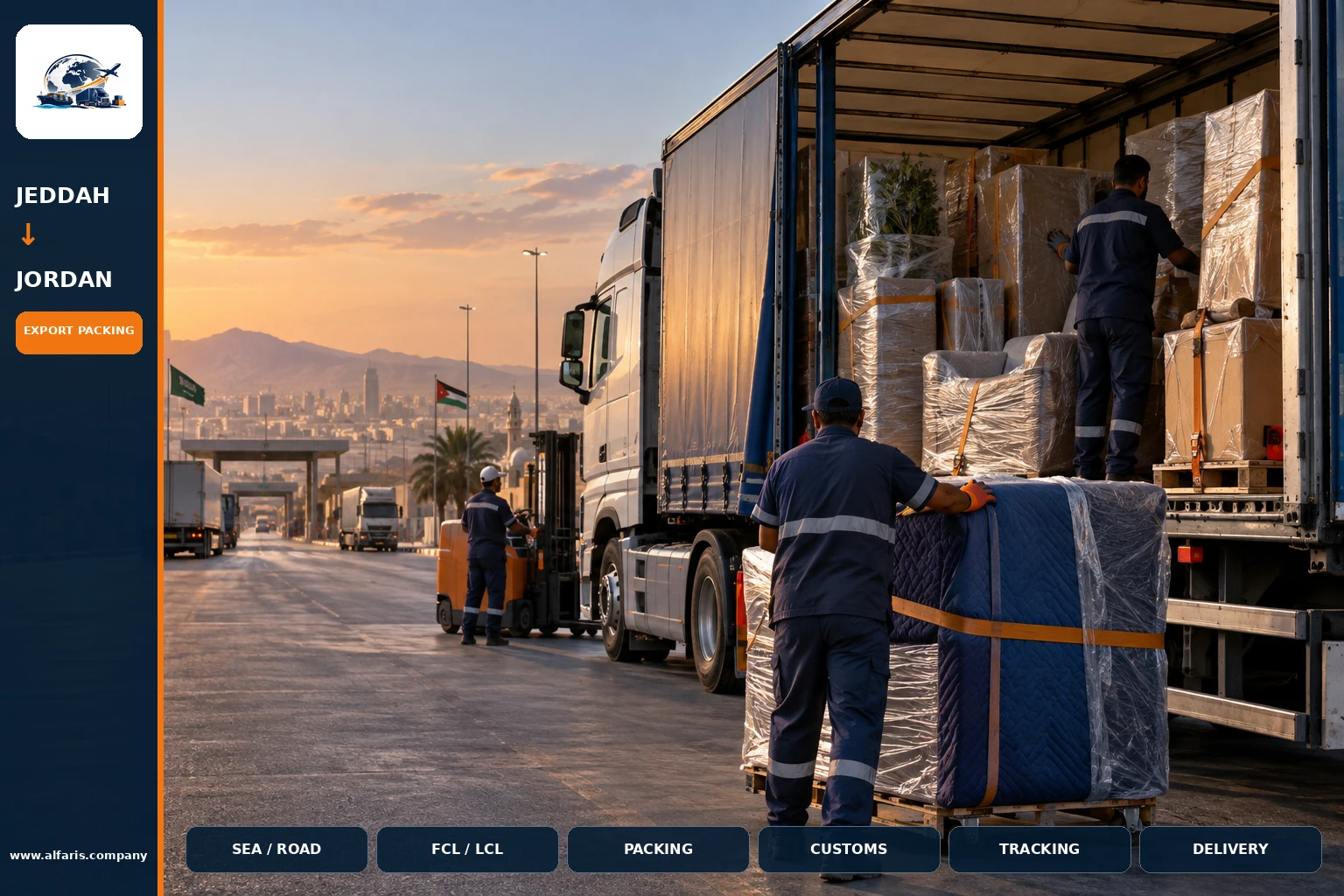 The shipping route from Jeddah to Jordan is via the approved route at the time of implementation or the port of Amman