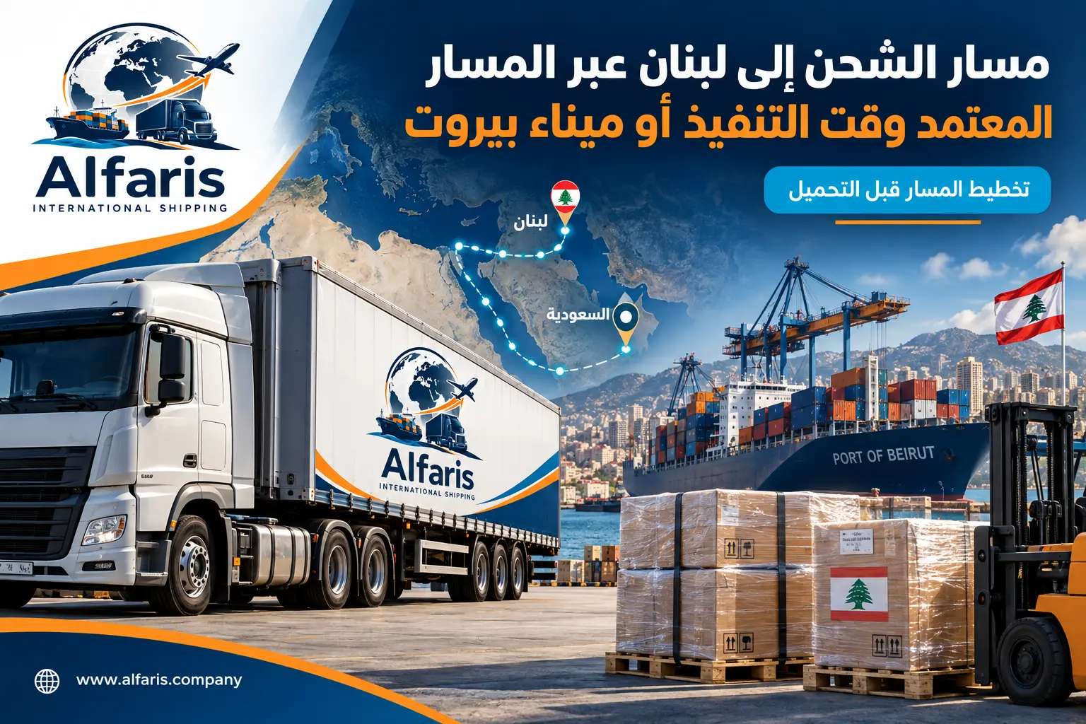 مسار الشحن من السعودية إلى لبنان عبر المسار المعتمد وقت التنفيذ أو ميناء بيروت