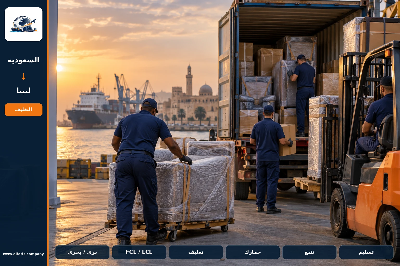 مسار الشحن من السعودية إلى ليبيا عبر المسار المعتمد وقت التنفيذ أو ميناء طرابلس