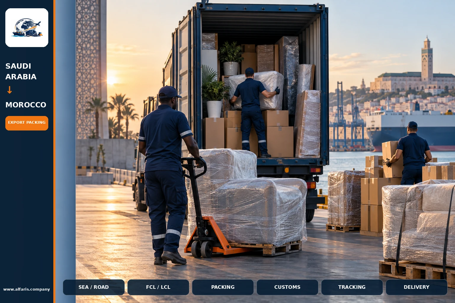 The shipping route from Saudi Arabia to Morocco is via the approved route at the time of implementation or the port of Casablanca