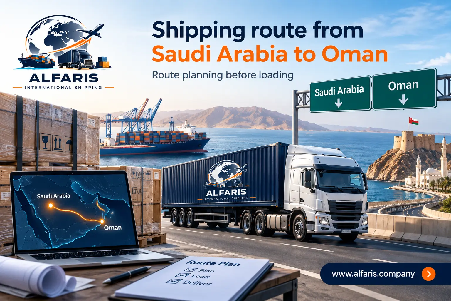 The shipping route from Saudi Arabia to Oman via the Empty Quarter port The shipping route from Saudi Arabia to Oman via the Empty Quarter port