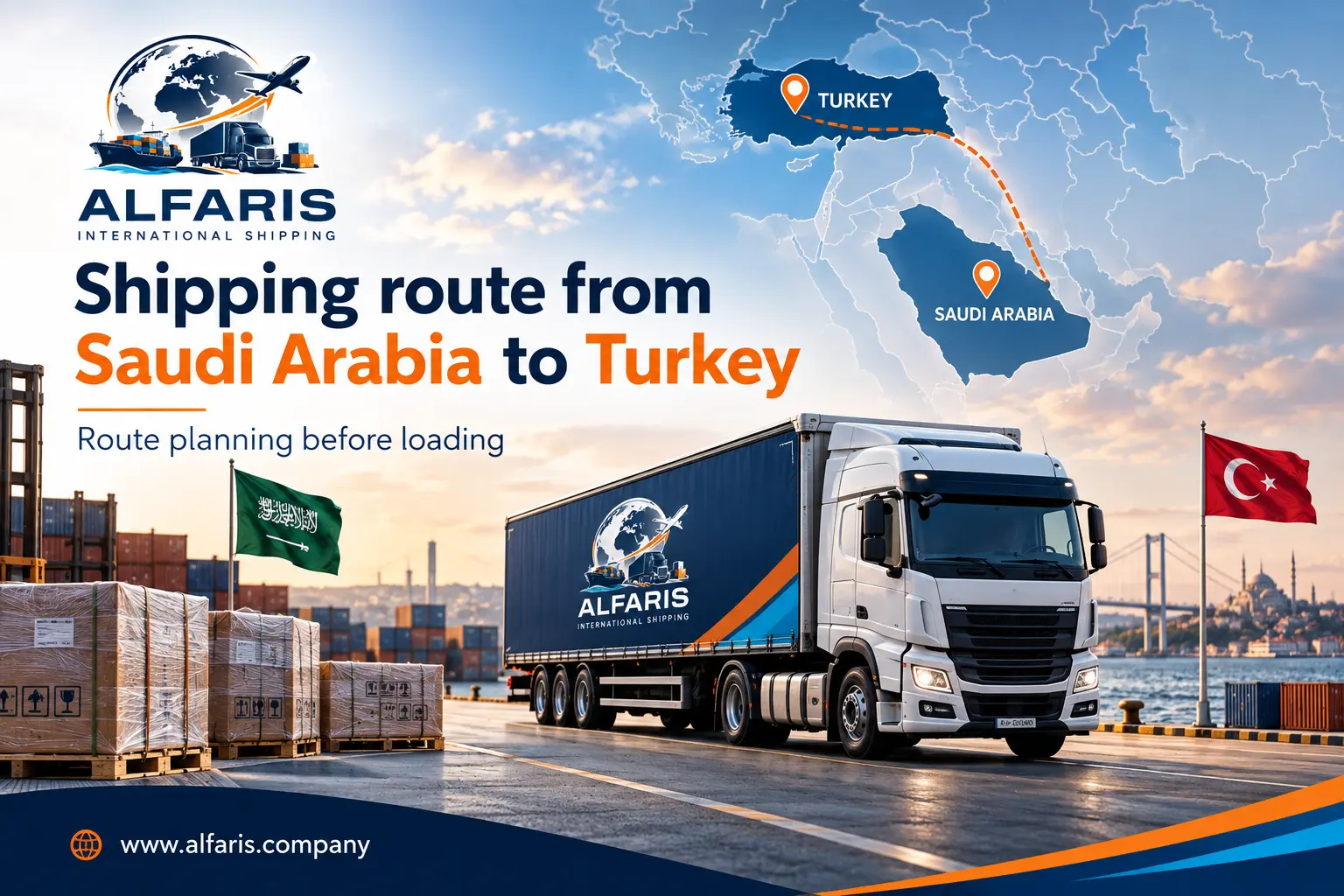 The shipping route from Saudi Arabia to Turkey is via approved international crossings or the port of Mersin