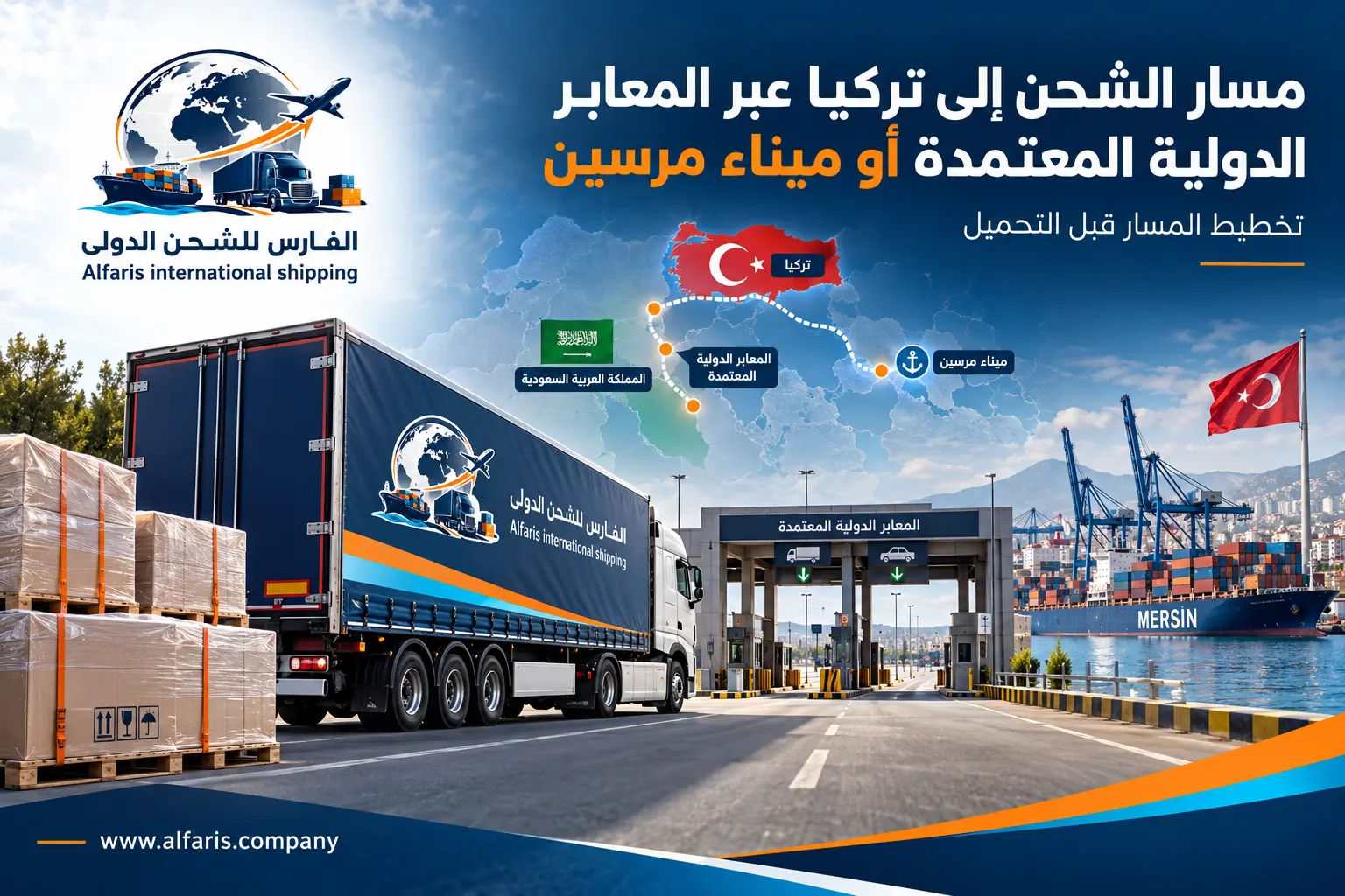 مسار الشحن من السعودية إلى تركيا عبر المعابر الدولية المعتمدة أو ميناء مرسين