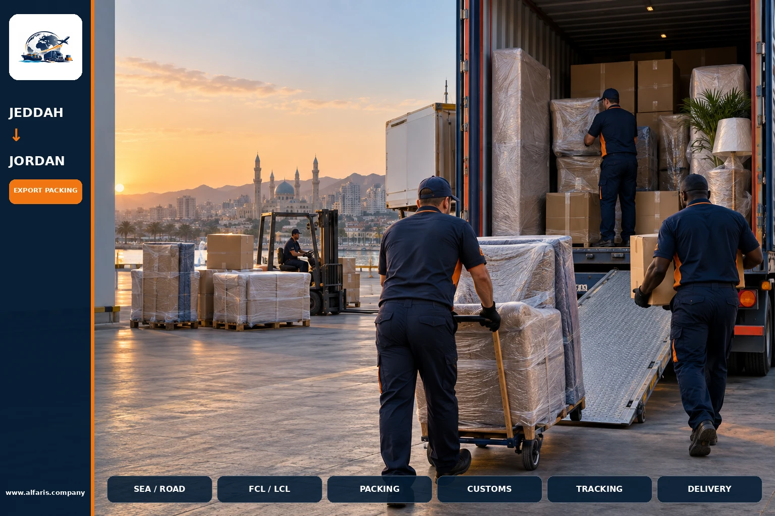 The shipping route from Jeddah to Jordan is via the approved route at the time of implementation or the port of Amman