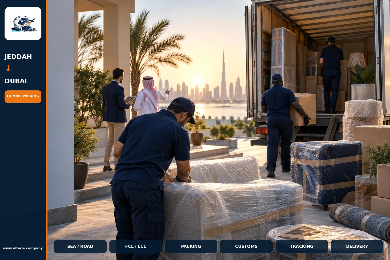 The shipping route from Jeddah to the UAE is via the approved route at the time of implementation or the port of Dubai