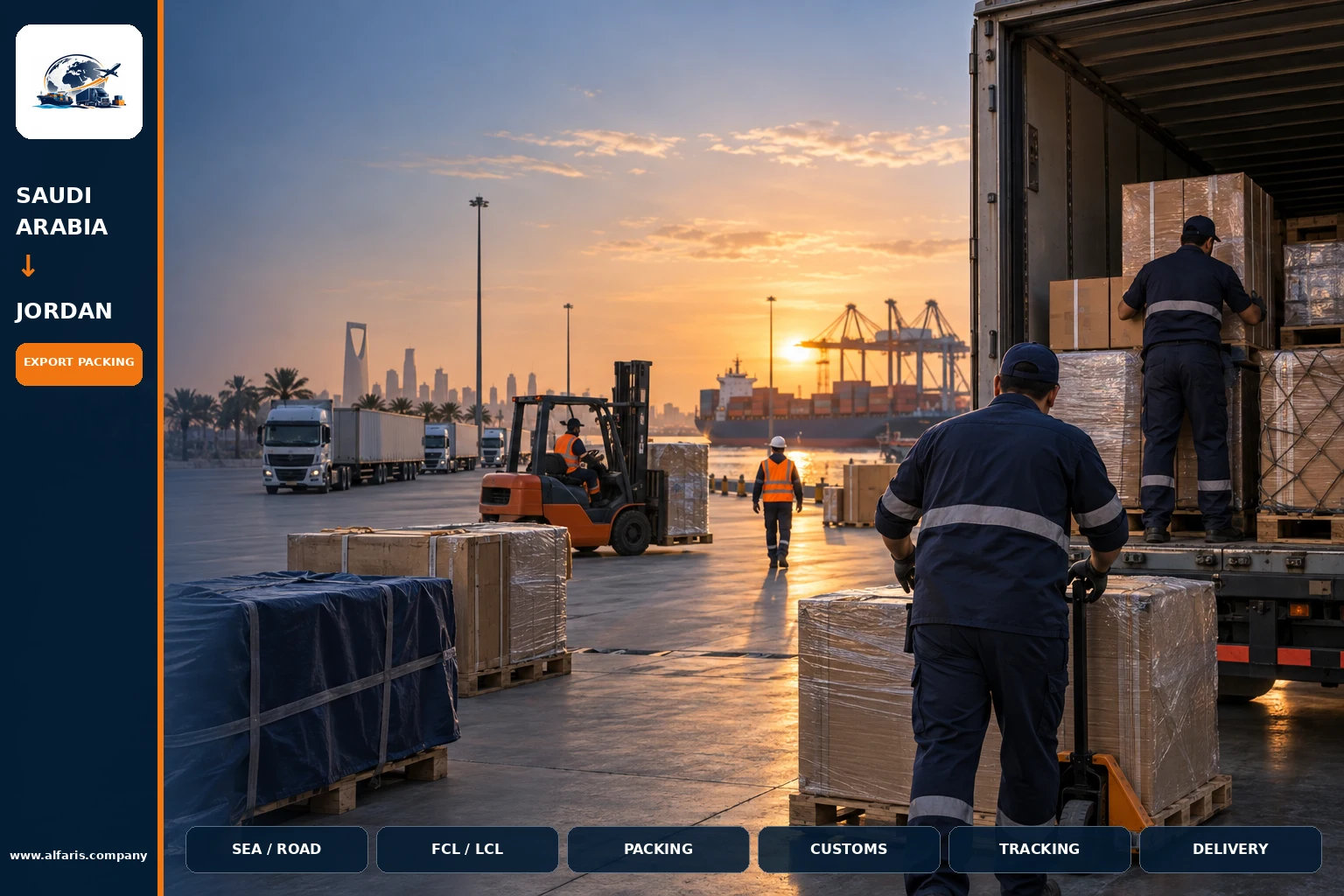 The shipping route from Saudi Arabia to Jordan is via the approved route at the time of implementation or the port of Amman