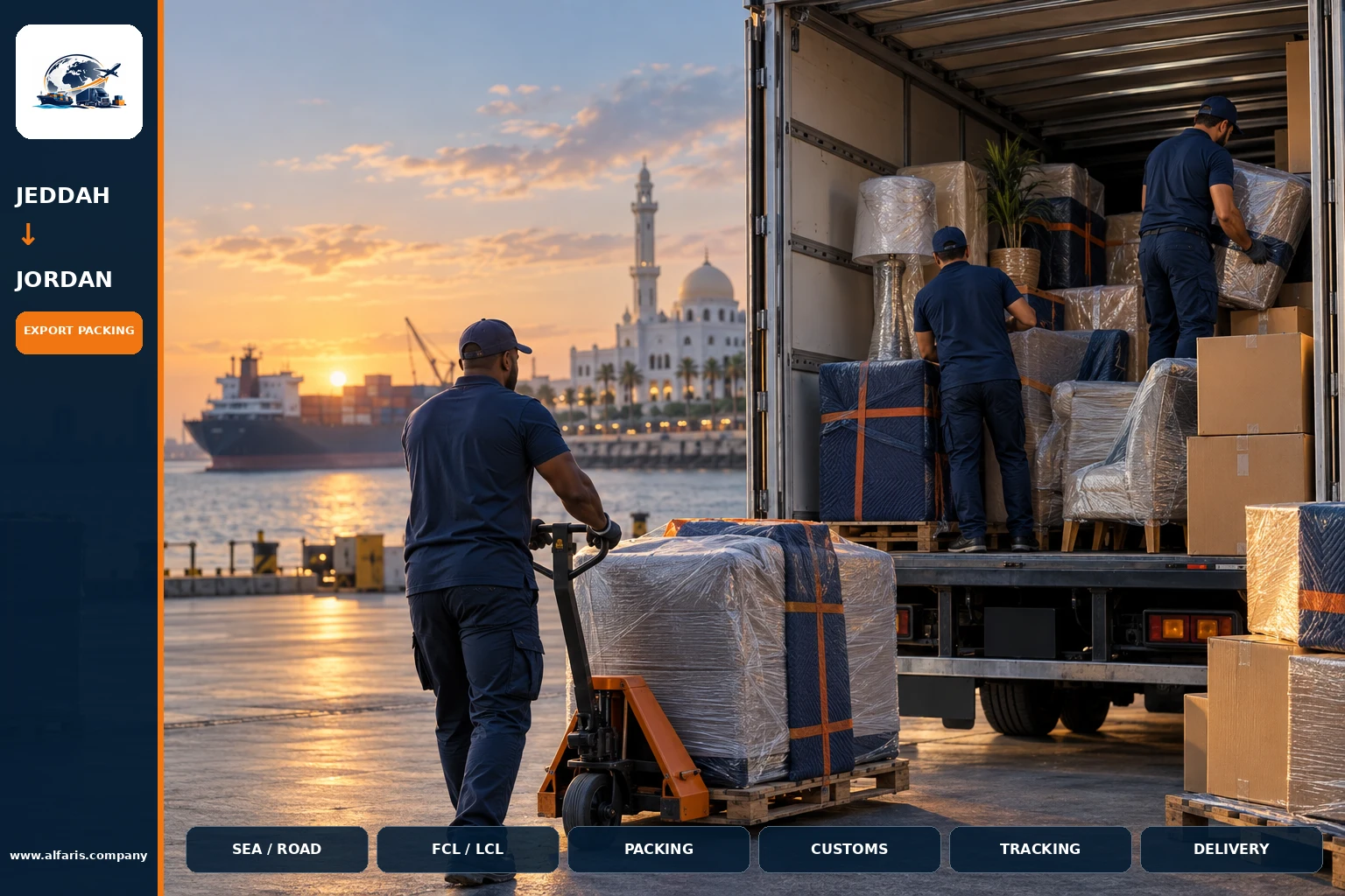 The shipping route from Jeddah to Jordan is via the approved route at the time of implementation or the port of Amman