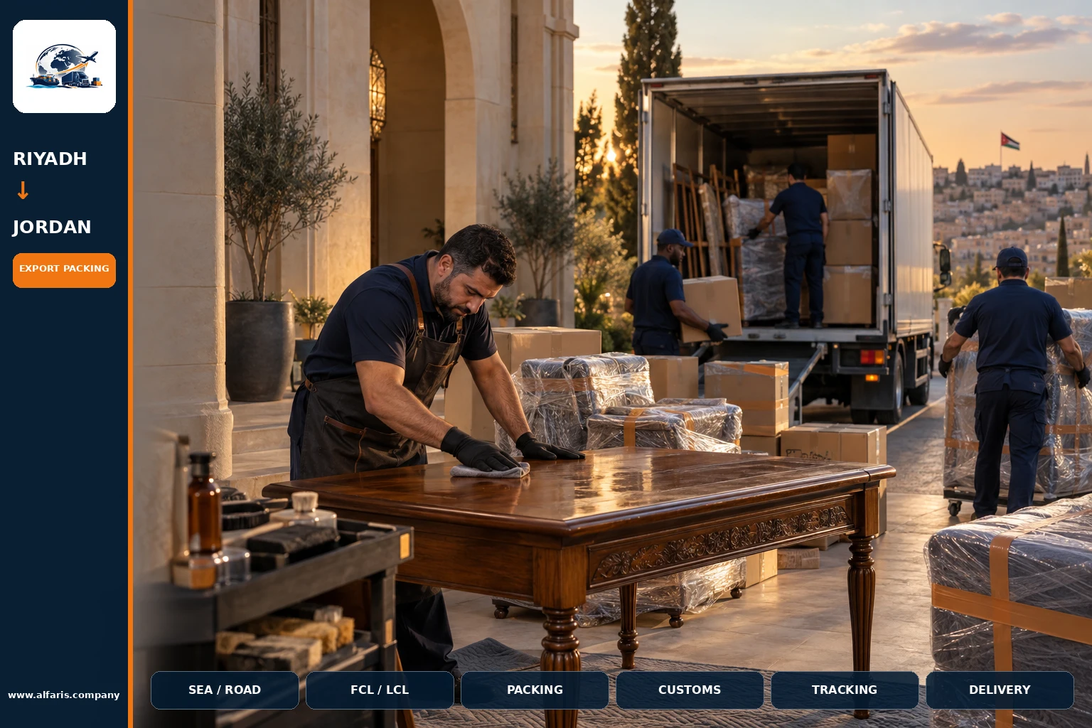 The shipping route from Riyadh to Jordan is via the approved route at the time of implementation or the port of Amman