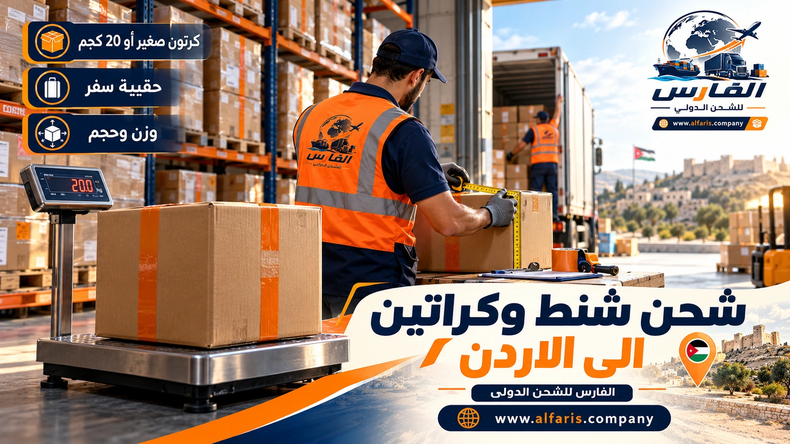 التسعير بالكرتون: كيف يعمل؟ — كراتين بأحجام مختلفة على ميزان أمام مستودع الشحن مع شحن شنط وكراتين الى الاردن