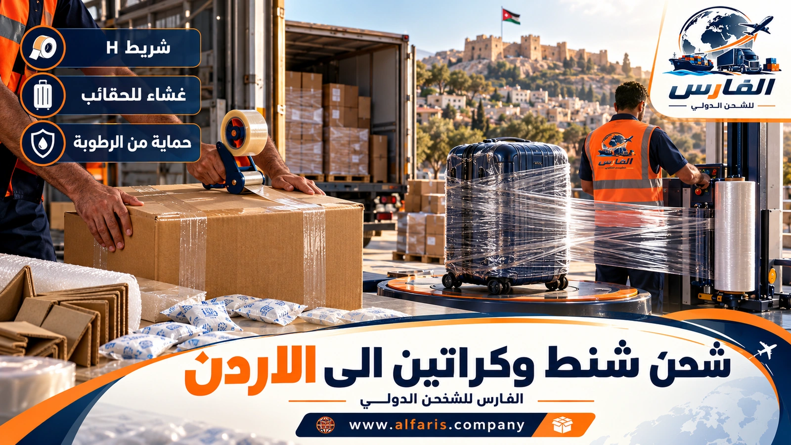 التغليف القياسي للشنط والكراتين — شنط مغلفة بالنايلون وكراتين مغلقة بشريط على شكل H مع شحن شنط وكراتين الى الاردن