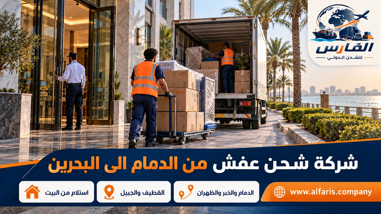 الاستلام من مدن المنطقة الشرقية — عامل يدفع عربة كراتين وشاشة مغلفة من برج على كورنيش الخبر مع شركة شحن عفش من الدمام الى البحرين