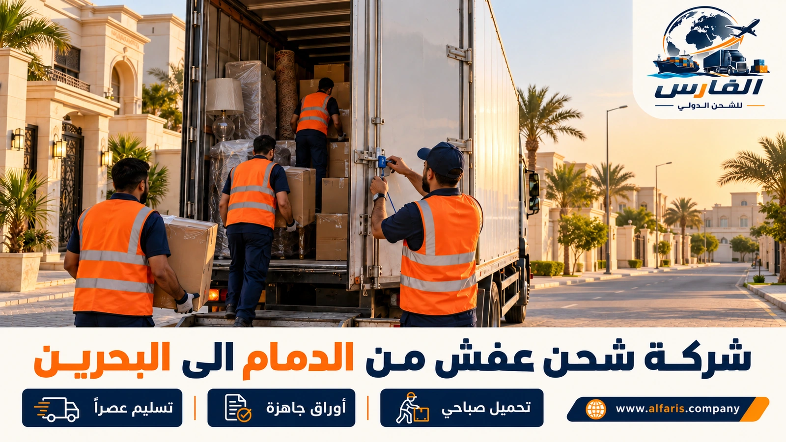 الشحن في اليوم نفسه — فريق يحمل آخر الكراتين المرقمة ومشرف يغلق الشاحنة صباحاً أمام فيلا في الدمام مع شركة شحن عفش من الدمام الى البحرين