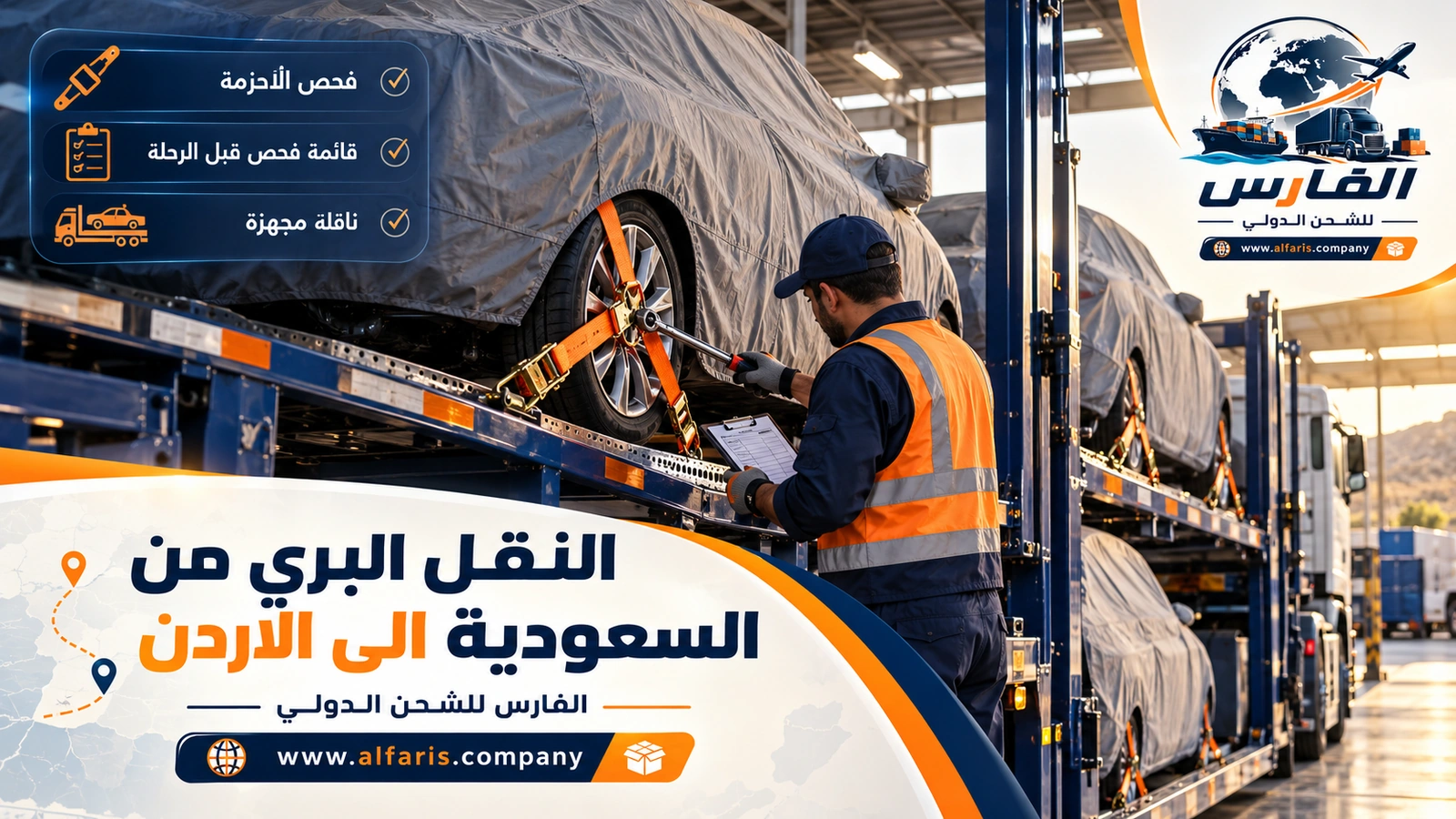 شحن السيارات بأمان — فحص أحزمة سيارة مغطاة على ناقلة مع النقل البري من السعودية الى الاردن