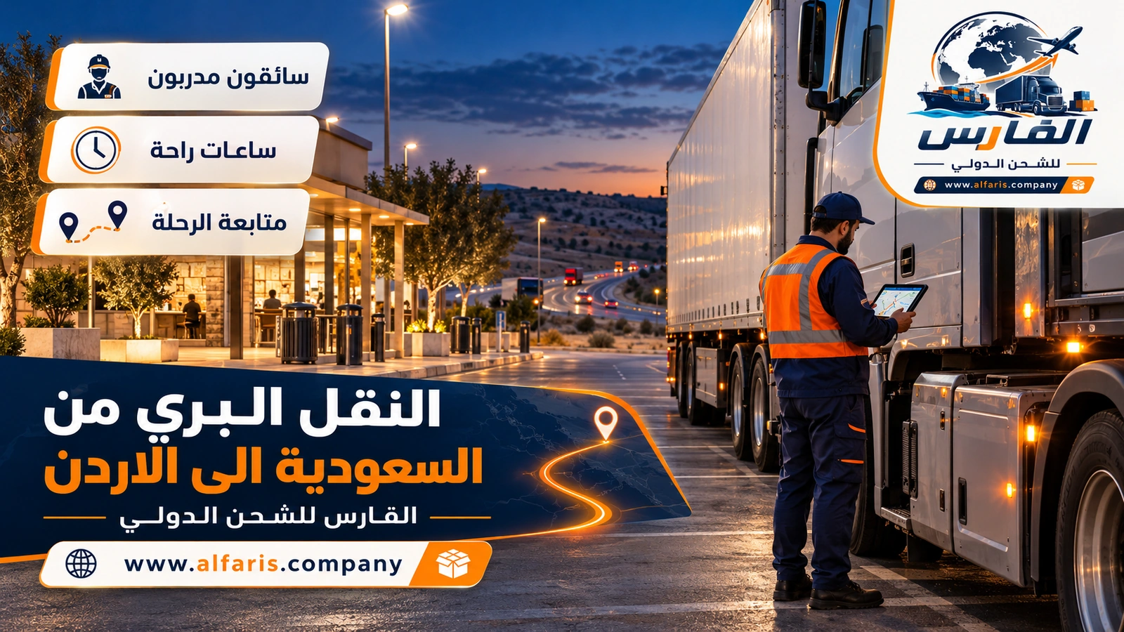 السائق: التأهيل والراحة — سائق يراجع مسار الرحلة في استراحة على طريق الشمال مع النقل البري من السعودية الى الاردن