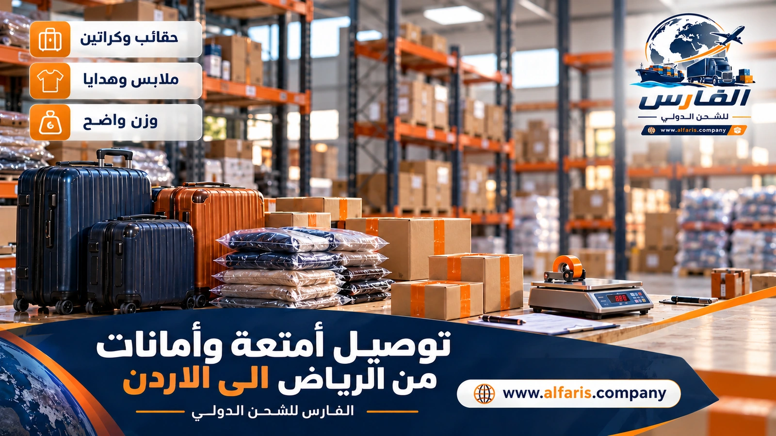 ما الذي يُرسَل أمتعةً وأمانات؟ — حقائب مغلفة بالنايلون وعليها بطاقات بأسماء المستلمين مع توصيل أمتعة وأمانات من الرياض الى الاردن