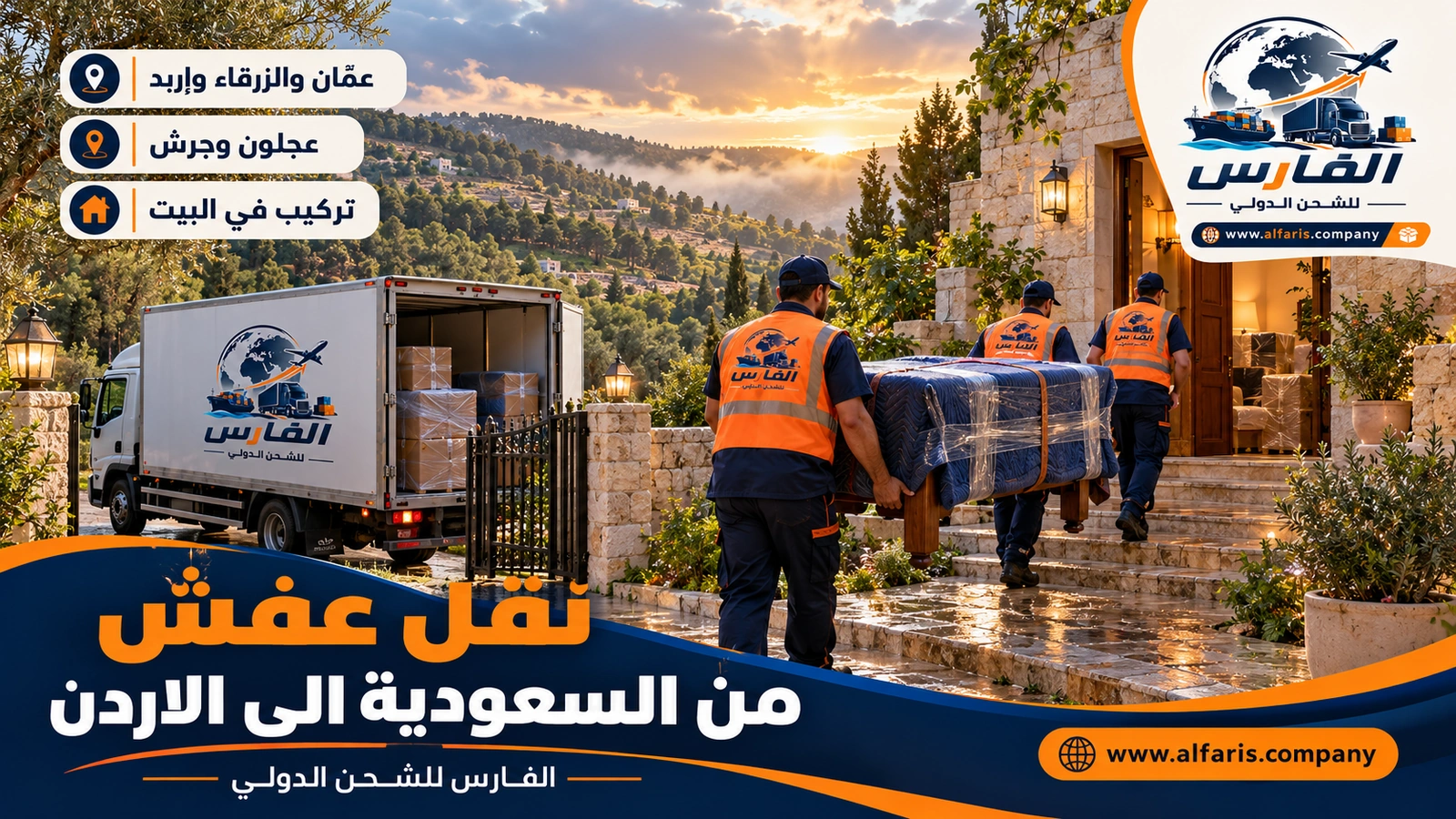 نقل العفش إلى عمّان والزرقاء وإربد وعجلون — تسليم الأثاث في بيت حجري بعجلون مع نقل عفش من السعودية الى الاردن