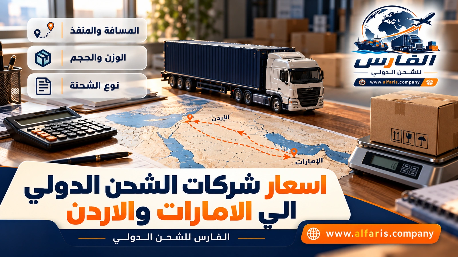 لماذا تختلف الأسعار بين الإمارات والأردن؟ — خريطة عليها مساران وميزان وكرتون على مكتب شحن مع اسعار شركات الشحن الدولي الي الامارات والاردن