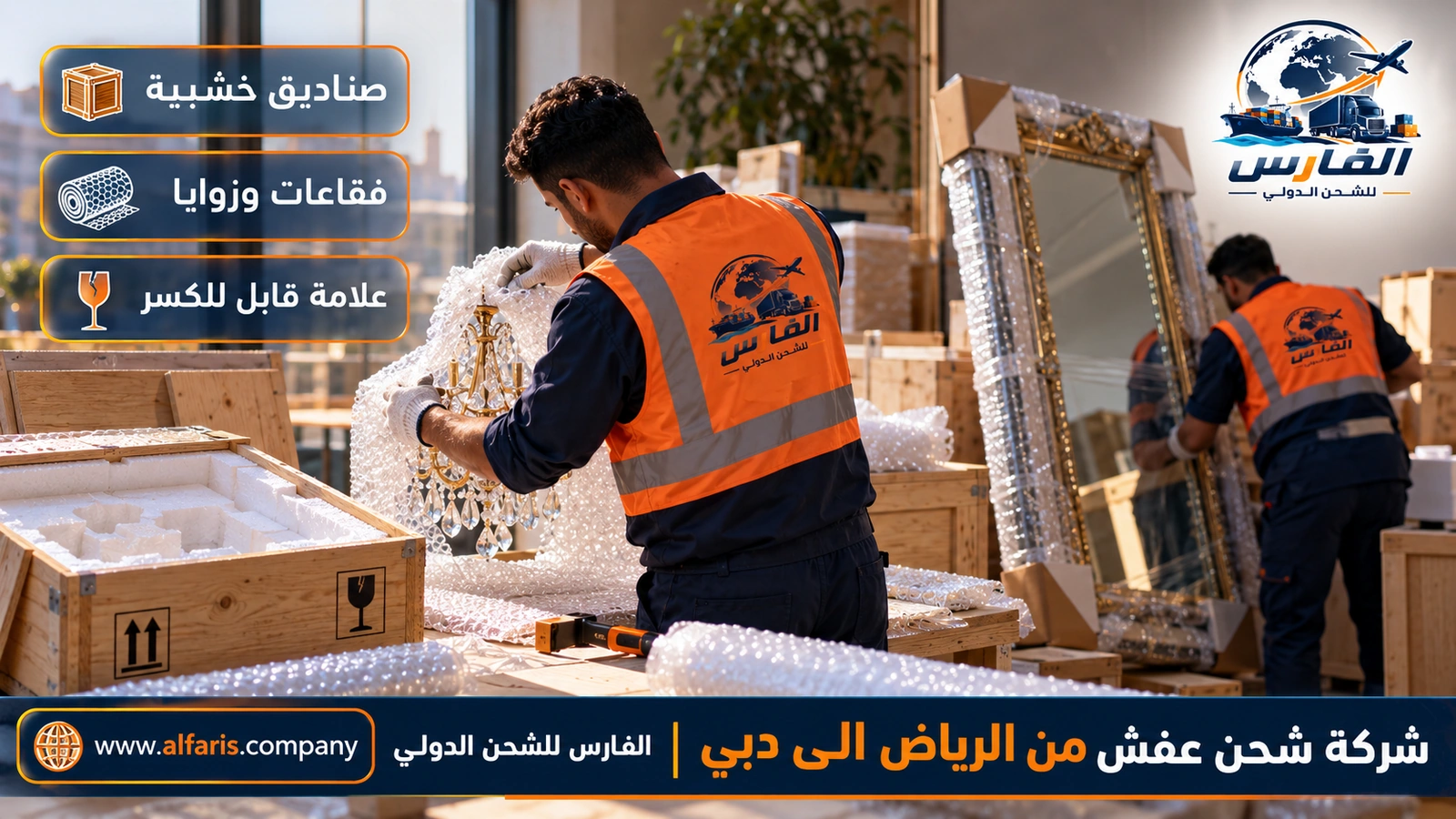 تغليف الزجاج والتحف — تغليف مرآة وتحف بصندوق خشبي مع شركة شحن عفش من الرياض الى دبي