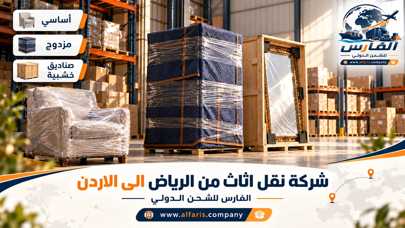 مستويات التغليف الثلاثة — كنبة مغلفة وصندوق خشبي ومرآة محمية بالزوايا مع شركة نقل اثاث من الرياض الى الاردن