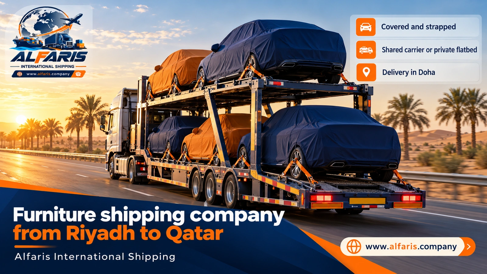 Car shipping from Riyadh to Qatar — a covered car carrier on the highway with a furniture shipping company from Riyadh to Qatar