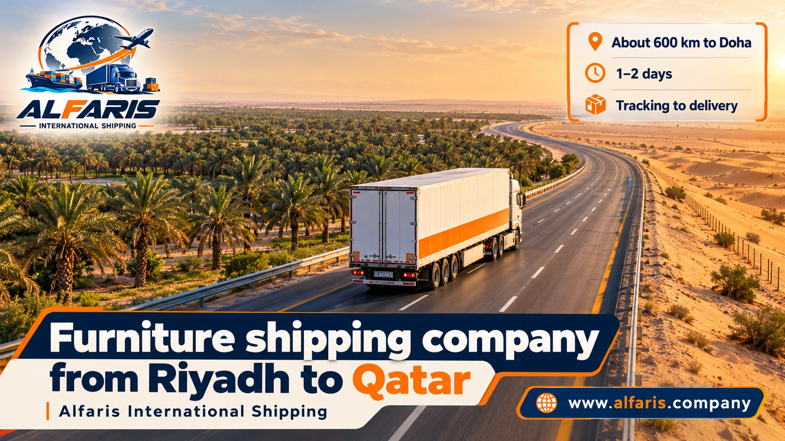 The road to Salwa — a truck on the road between Al-Ahsa's palms and the desert with a furniture shipping company from Riyadh to Qatar