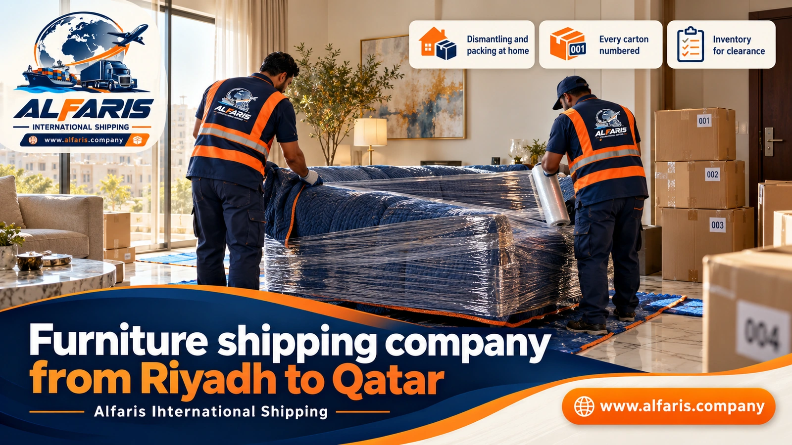 Pickup and packing in Riyadh — wrapping a sofa in a Riyadh apartment with a furniture shipping company from Riyadh to Qatar